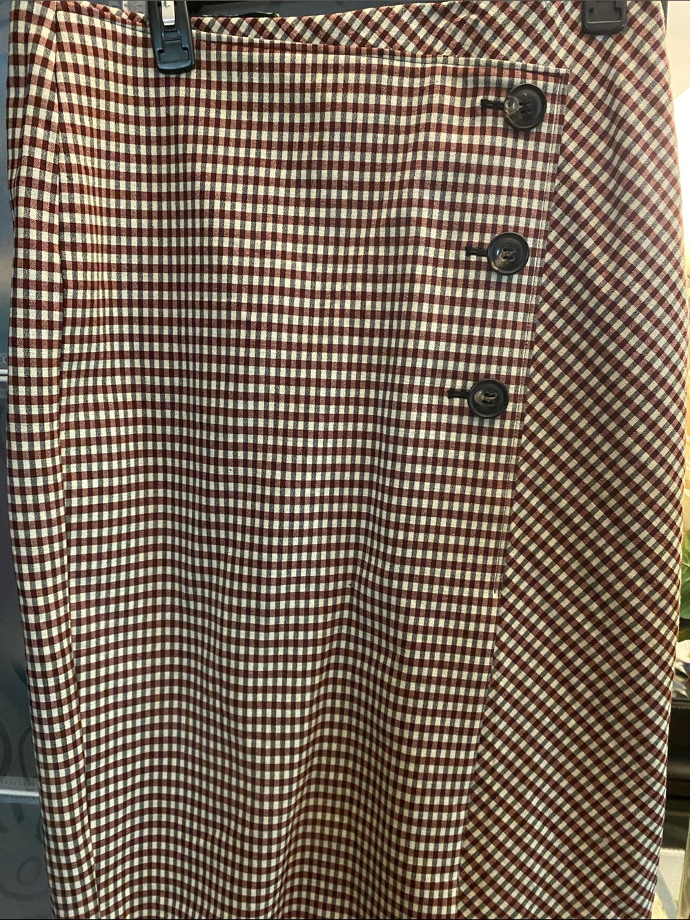 Lewit Burgundy and Cream Gingham Button-Front Midi Skirt